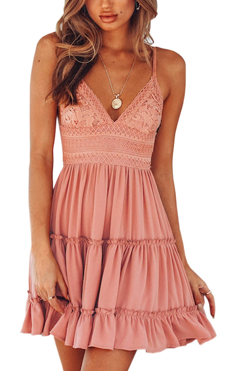ECOWISH Summer Dresses for Women 2025 V-Neck Spaghetti Strap Bowknot Backless Sleeveless Lace Mini Swing Skater Dress Pink-1 Large - Image 1